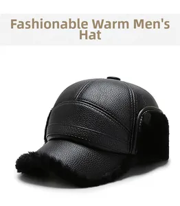 Detail of black faux leather winter baseball cap with plush ear flaps for men