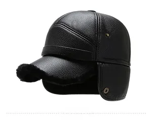 Detail view of winter baseball cap with ear flaps and black faux fur lining for men