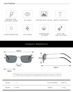 Detailed size chart and technical specifications for ultralight screwless metal sunglasses