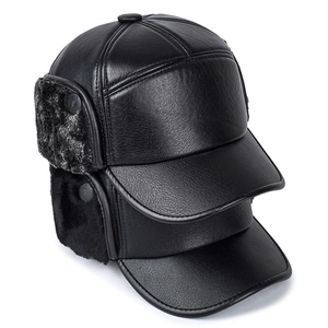 Men's winter PU leather flap hat with thick faux fur lining and ear protection