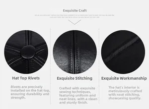 Detail view of the premium stitching and rivet craftsmanship on the black PU leather cap