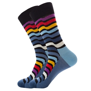 Men's mid-calf socks with colorful dynamic wave patterns and ribbed cuffs on white background