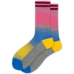 Detail of colorful striped crew socks with vibrant pink, blue, and yellow knit texture