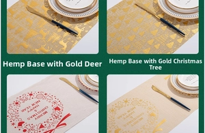 Detailed close-up of festive linen table runners with gold reindeer and tree patterns