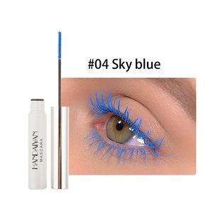 Detail of sky blue mascara brush and long-lasting eye makeup effect on lashes