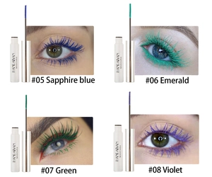 Detail showing four colors of waterproof mascara with corresponding eye makeup results