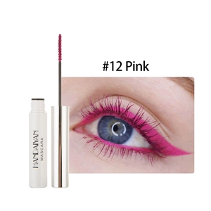 Detail showing pink colored mascara wand and vibrant eye makeup effect for volumizing