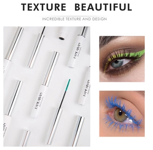 Detail of colorful mascara wands with vibrant makeup effect on eyes and product tubes