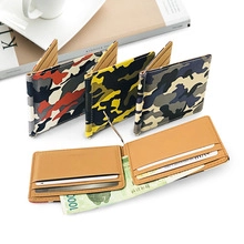 Detail view of four camouflage wallets with card slots and a metal money clip feature