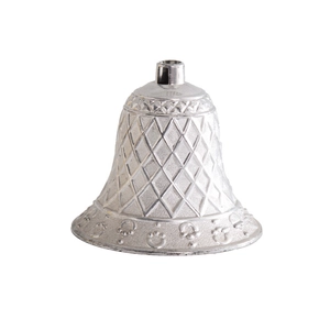 Silver metal Christmas bell with diamond grid and horseshoe pattern on white background