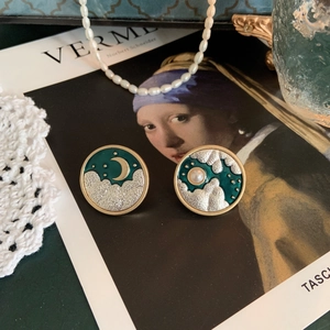 Vintage gold-framed round brooch with green enamel, silver clouds, moon and pearl accents