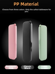 Detailed view of portable PP cutlery storage cases in pink, black, and green colors