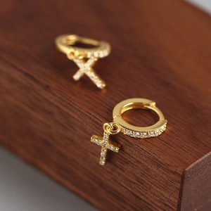 S925 sterling silver gold plated huggie hoop earrings with sparkling cross pendant