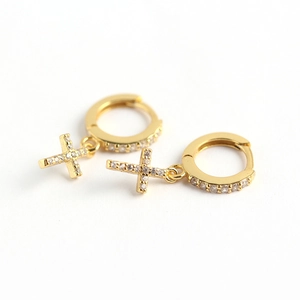 Elegant gold S925 sterling silver huggie earrings with sparkling CZ cross pendants
