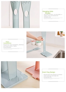 Detail of a foldable kitchen rack with hook design and drip tray for gloves and rags