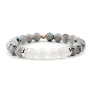 Detailed view of woven moonstone beaded bracelet with grey natural stones and silver spacers