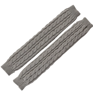 Detail of dark grey cable knit arm warmers with soft wool texture and ribbed cuffs