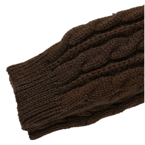 Macro detail of cable knit texture and ribbed cuff on dark brown winter arm warmers