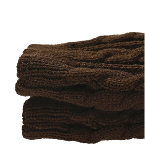 Detailed cable knit texture and ribbed cuff on dark brown winter fingerless gloves