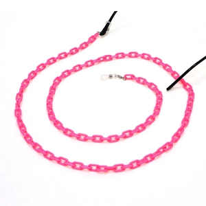 Detailed view of bright pink acrylic eyeglass chain with silver metal clips on white background