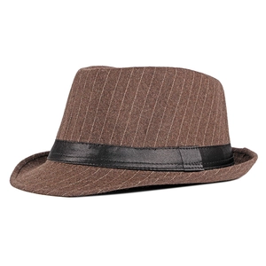 Classic British style brown striped fedora hat with black ribbon band for men and women