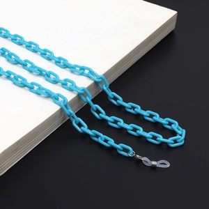 Detail of sky blue acrylic eyeglass chain with chunky links and silicone non-slip loops