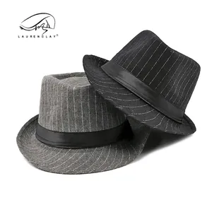 Classic British style men's striped wool fedora hats in black and gray color options