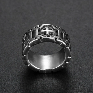 Punk style wide stainless steel cross ring with geometric hollow design for men and women