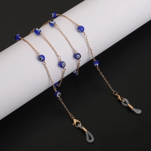 Catenina per occhiali dorata con perline occhio blu e anelli in silicone antiscivolo