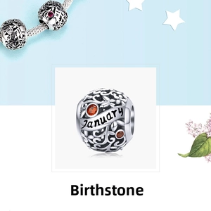 Detail of S925 sterling silver birthstone charms with hollow vine design and red crystal