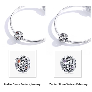Macro shot of S925 sterling silver birthstone charms with January and February engraving