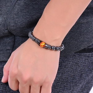 Natural pink crystal and black stone beaded bracelet with a zircon crown for men