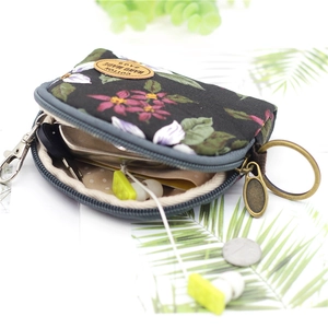 Floral cotton canvas coin purse with vintage purple flower pattern and metal keychain