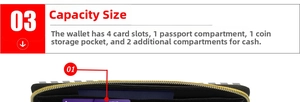 Detail showing the large capacity interior with card slots and compartments in black PU wallet