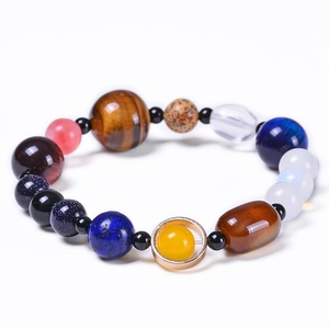 Solar system galaxy bracelet with natural tiger eye and lapis lazuli stones on white background