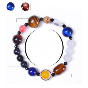 Solar system bracelet featuring natural Tiger Eye and Blue Sandstone beads on white background