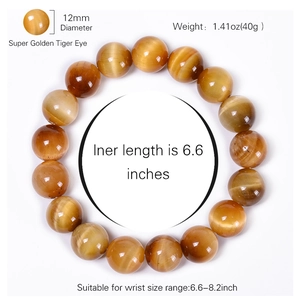 Bracciale in occhio di tigre dorato con perle rotonde da 12mm e trama naturale lucida