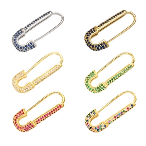 Safety pin earrings with micro-set multi-color zircons in gold and silver plating