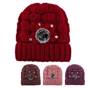 Bonnet En Tricot Chaud Et Épais Pour Femmes Doublé Polaire Hiver Thermique Jacquard Fleur Décor Avec Boule De Fausse Fourrure Et Strass Élégant