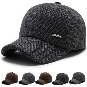 Men's Winter Warm Wool Blend Baseball Cap Outdoor Ear Protection Peaked Hat Sport Metal Tag Adjustable Dad Cap For Senior Men