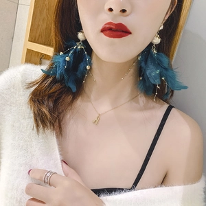 Detail of long fringe earrings featuring dark blue feathers and white faux pearls