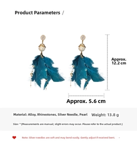 Detailed size specifications for long feather tassel earrings with rhinestone and pearls