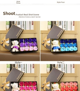 Detail of 12 soap roses gift set with cute bear and Sweet Love ribbon in four colors