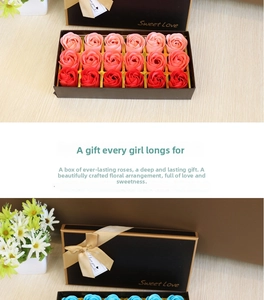 Detail of 18pcs artificial soap rose flower set in an elegant black Sweet Love gift box