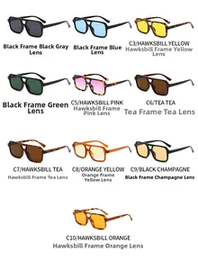 Macro display of retro square sunglasses in ten assorted frame and lens color options