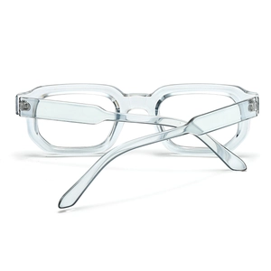 Close-up of transparent gray square frame sunglasses with metal hinge details