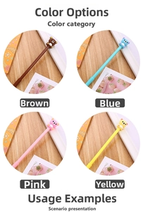 Close-up of cute cartoon bear gel pens in coffee, blue, pink, and yellow pastel colors