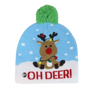 Detail of LED knit Christmas hat with glowing reindeer pattern and hidden battery switch