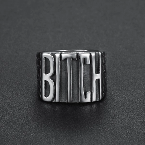 Vintage stainless steel wide ring with bold BITCH letter relief for women and men