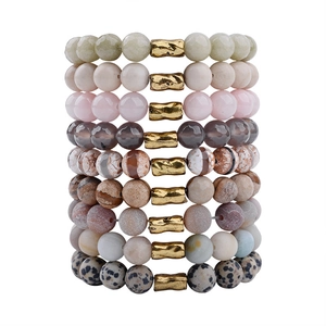 Natural Stone Beaded Bracelet With Textured Copper Tube Bohemian Vintage Elastic Crystal Jewelry
